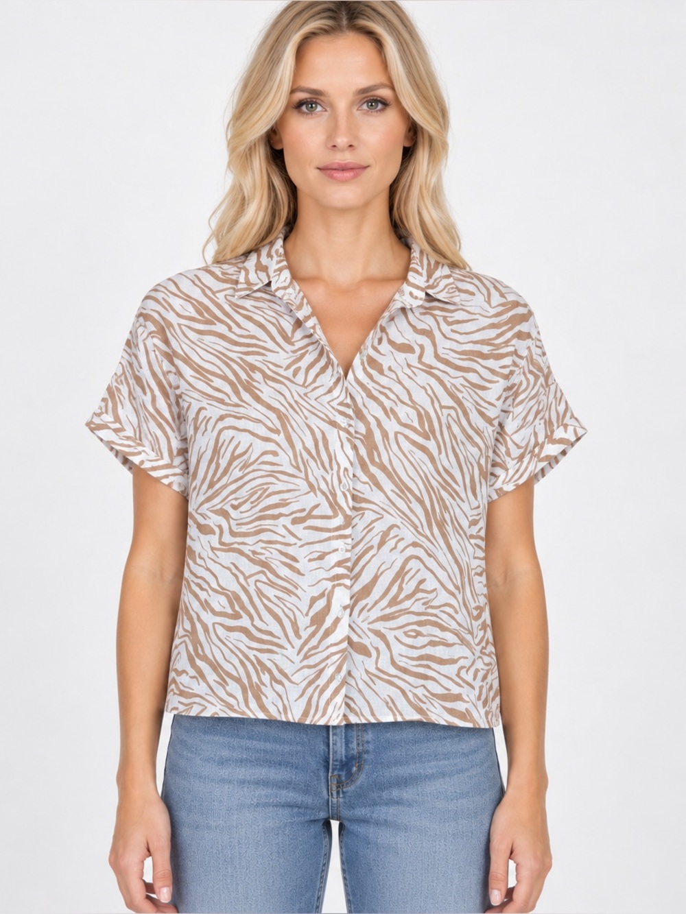 Cynthia Rowley 100% Linen Button Up Shirt Top Brown Zebra Boxy Sz Small Casual